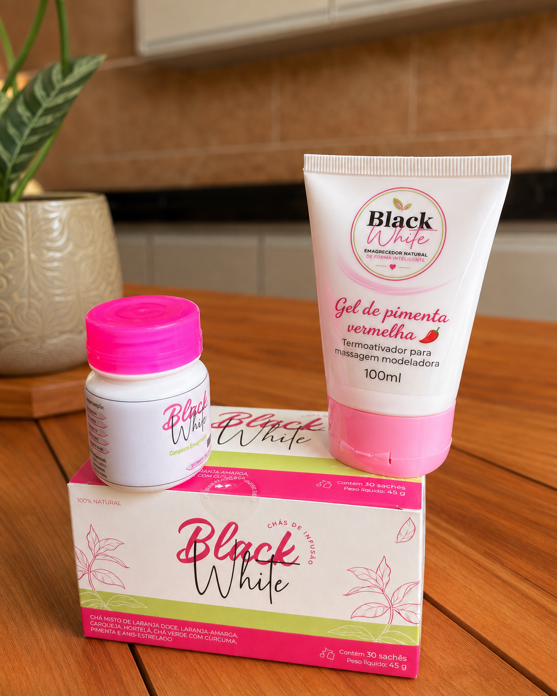 Linha Black White com chá, gel e pote